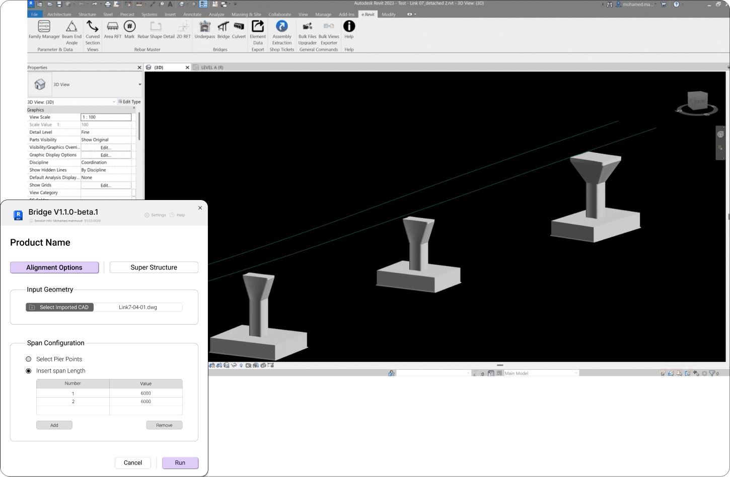 Bridge tool interface showing automated bridge generation inside Revit.