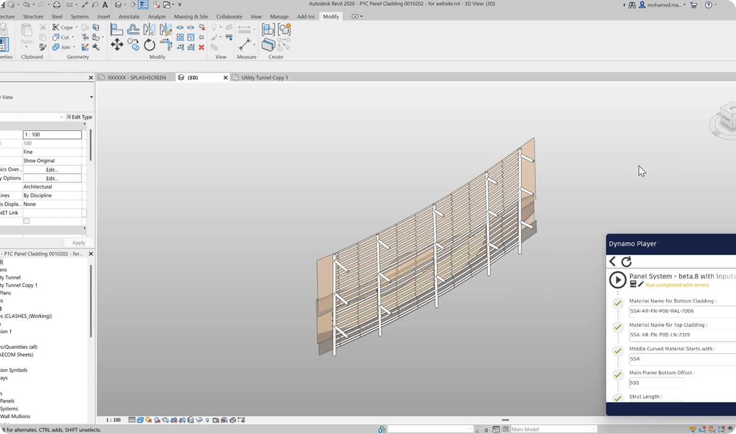 Cladding support script output shown inside Revit with Dynamo Player.